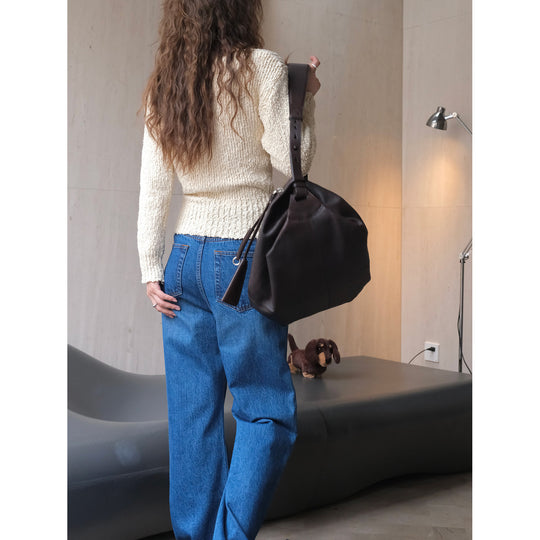 Damen Grobstrick-Pullover mit weitem U-Boot-Ausschnitt und Bindeband Shop Nory