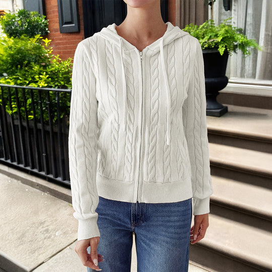 Damen nan Kapuzen-Strickjacke mit Reißverschluss, Zopfstrickstruktur und Kängurutasche Shop Nory