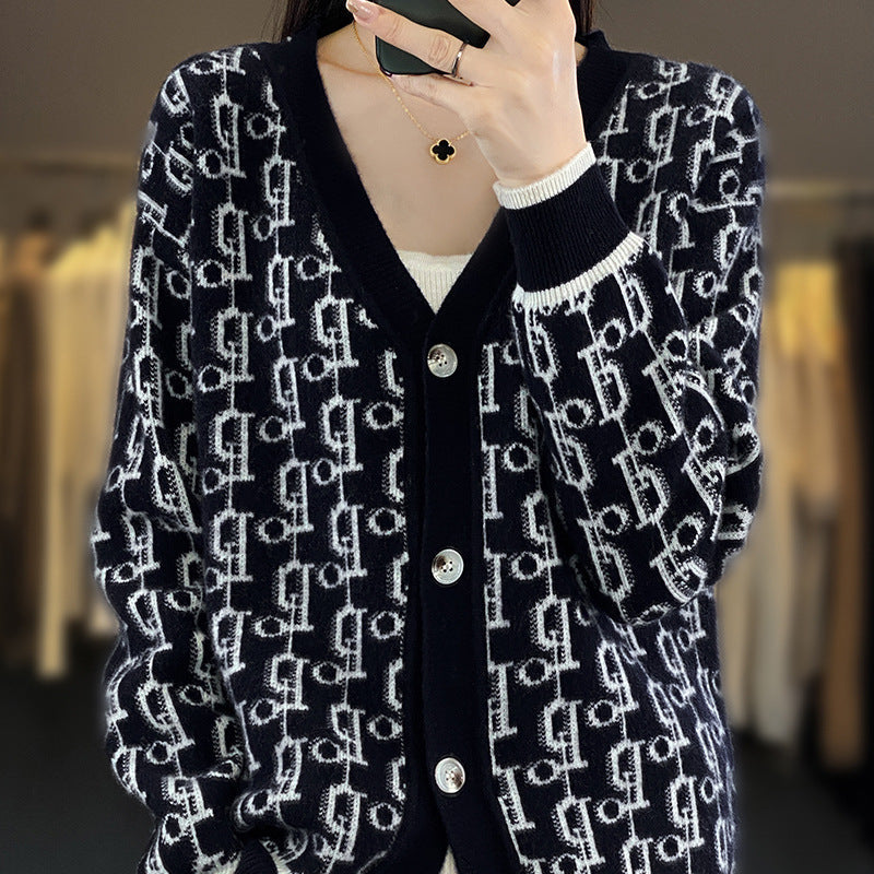 Damen Gemusterter Jacquard-Strickcardigan mit V-Ausschnitt und Perlmuttknöpfen Shop Nory