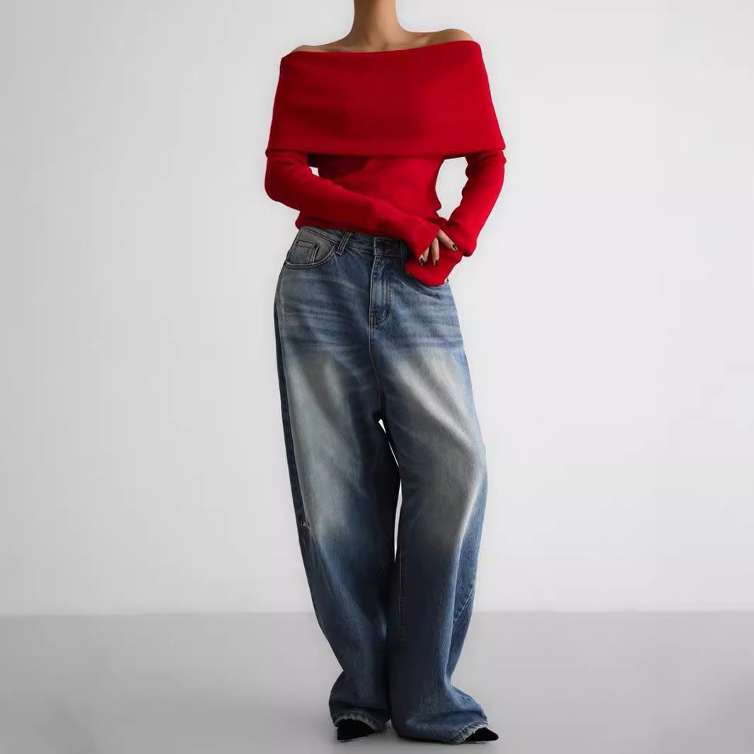 Damen Elegantes Off-Shoulder Oberteil mit geschmeidiger Textur und ausgestellten Ärmeln