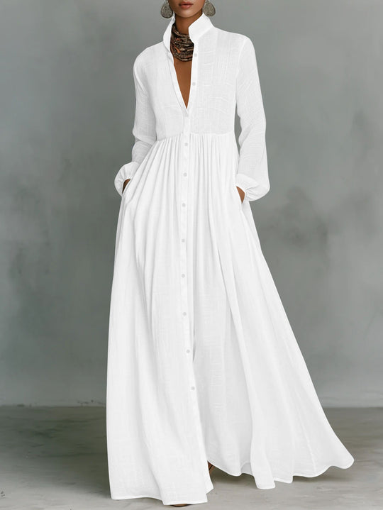 Damen Maxikleid mit Stehkragen, durchgehender Knopfleiste, taillenhoher Raffung und Eingrifftaschen Shop Nory