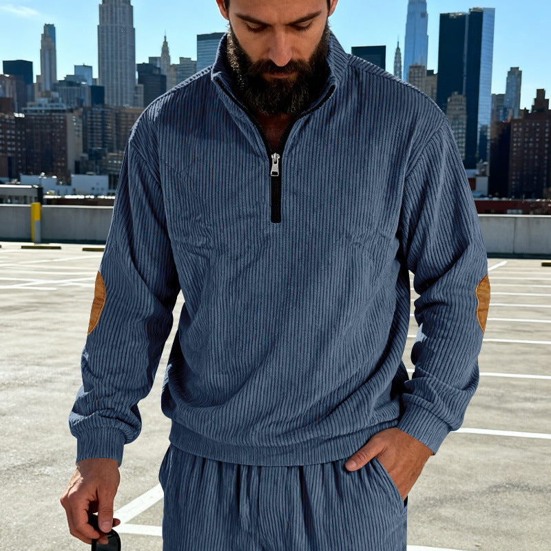 Herren Cord-Struktur-Halbzip-Pullover im Relaxed-Fit mit Stehkragen und Ellbogen-Patch Shop Nory