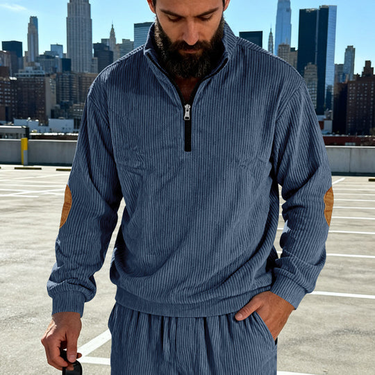 Herren Cord-Struktur-Halbzip-Pullover im Relaxed-Fit mit Stehkragen und Ellbogen-Patch Shop Nory