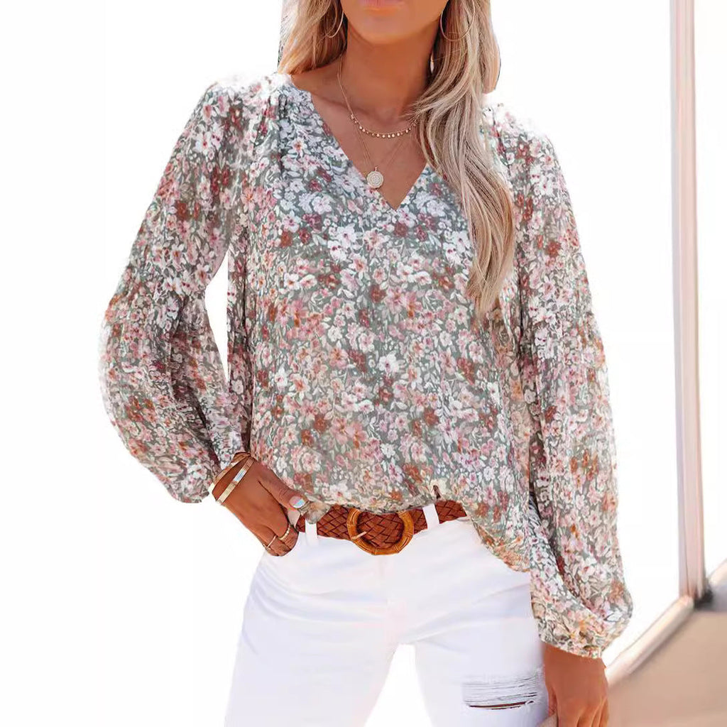 Damen Bluse mit floralen Mustern und V-Ausschnitt