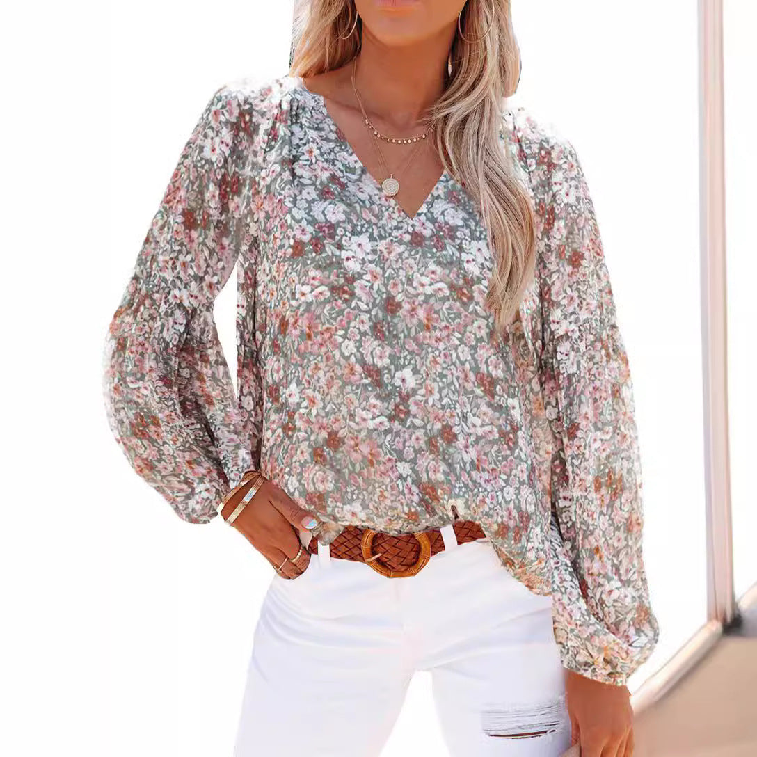 Damen Bluse mit floralen Mustern und V-Ausschnitt