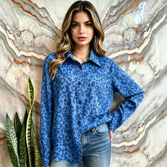 Damen Satin-Leopardenmuster Button-Up Bluse Shop Nory