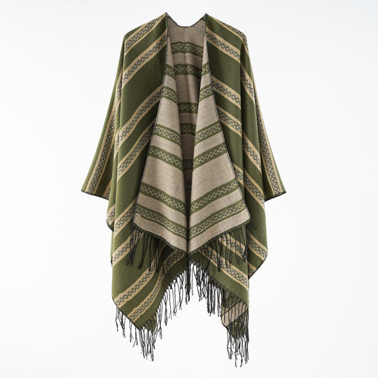 Damen Wollmix-Wickelponcho im Jacquardstreifen mit Fransen Shop Nory