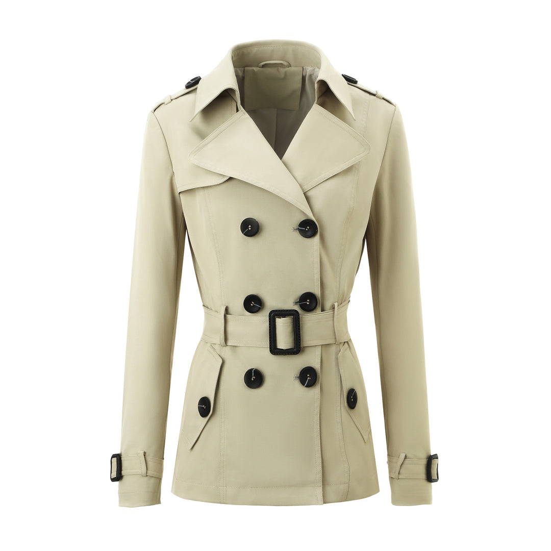 Damen Kurztaillierter Doppelreihiger Trenchcoat mit markanter Gürtelschnalle Shop Nory