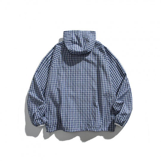 Unisex Leichte Kariert Windbreaker-Jacke mit Kapuze, Raglanärmeln und Kordelzug Shop Nory