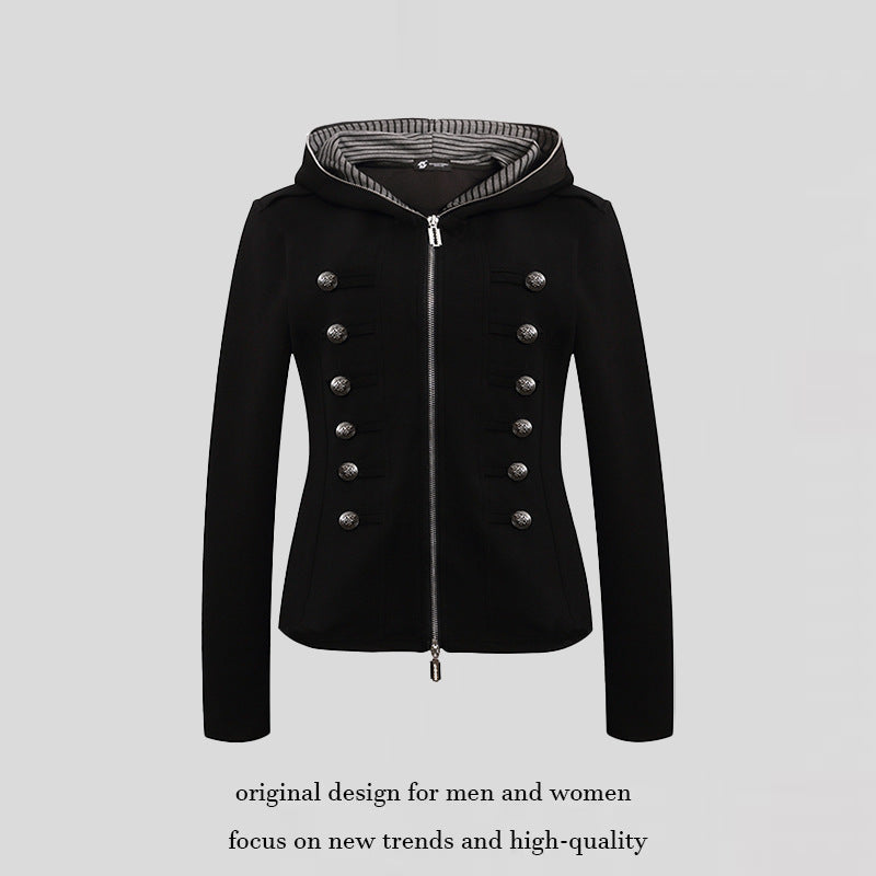 Damen taillierte Kapuzen‑Sweatjacke mit dekorischer Doppelreihe und Metallknöpfen Shop Nory