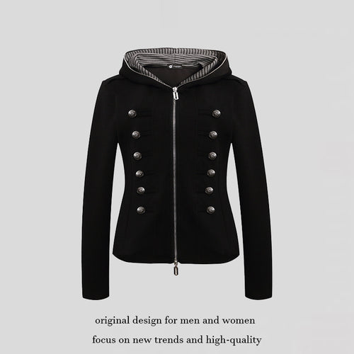 Damen taillierte Kapuzen‑Sweatjacke mit dekorischer Doppelreihe und Metallknöpfen Shop Nory