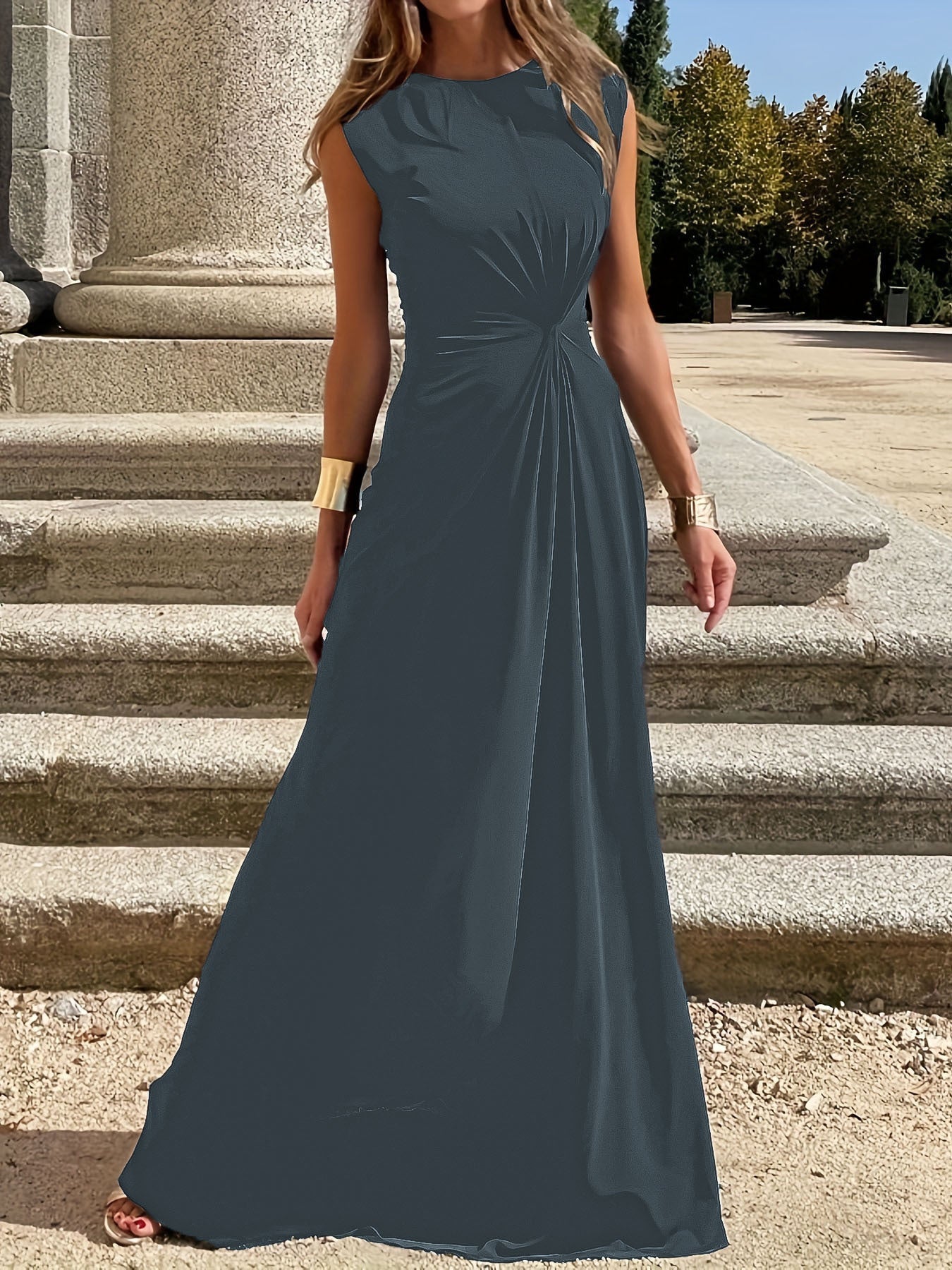 Damen Elegantes Maxikleid mit Raffungen und Rundhalsausschnitt