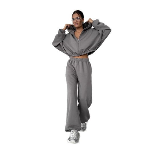 Damen Lounge-Set Cropped-Zip-Hoodie mit Oversize-Ärmeln und High-Waist Palazzo-Jogger Shop Nory