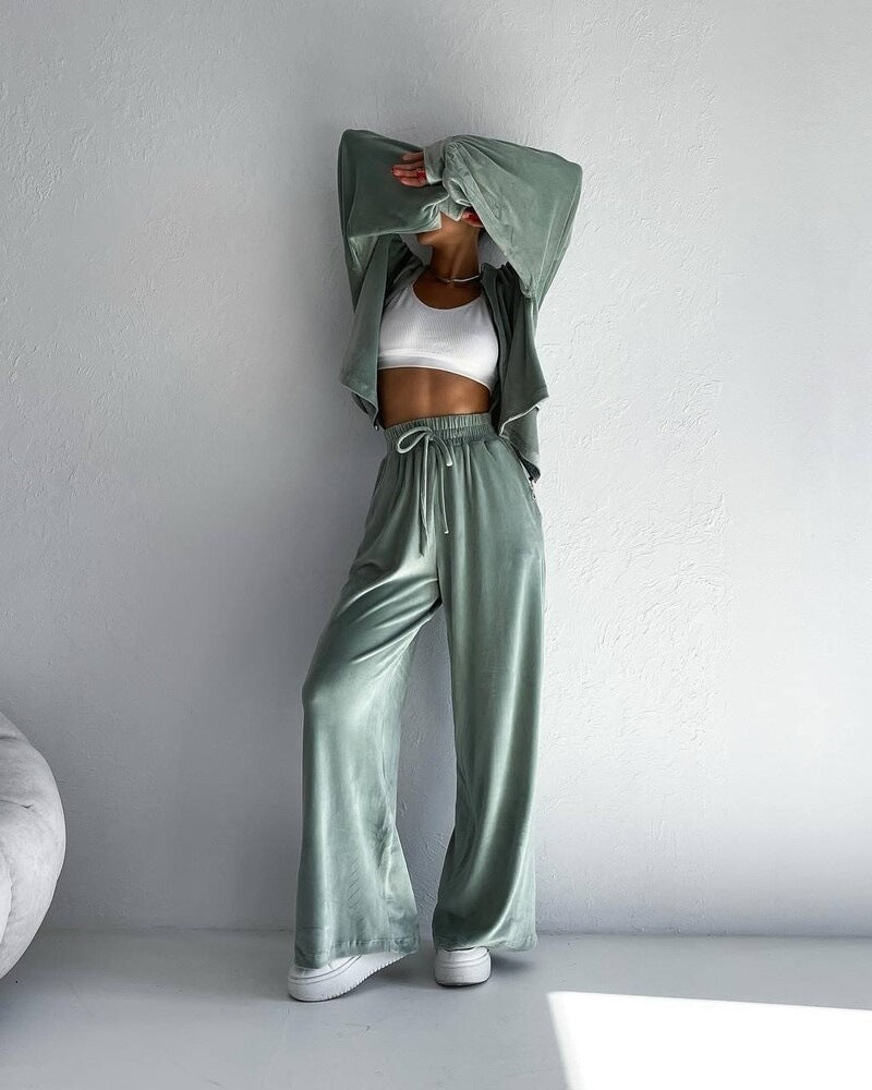Damen luxuriöses Velours-Lounge-Set mit kurzem Reißverschluss-Hoodie und weitem High-Waist-Hose Shop Nory