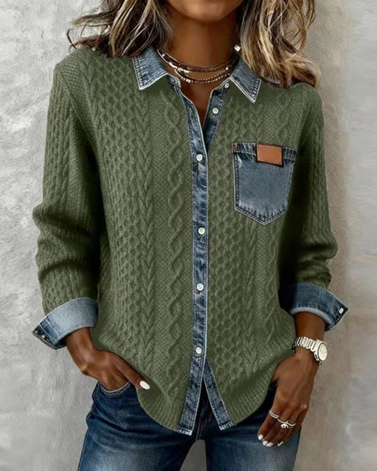 Damen nan geflochtener Strickpullover mit integriertem Jeanskragen und Brusttasche Shop Nory