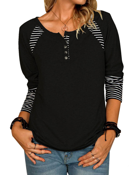 Damen Lässiges Raglan-Henley-Shirt mit Knopfleiste und gestreiften Ärmelbündchen Shop Nory