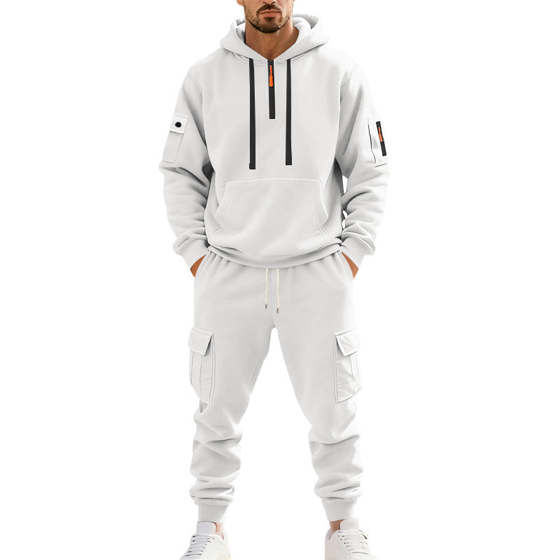 Herren nan zweiteiliges Utility-Freizeitset Hoodie mit halbhohem Reißverschluss, Ärmeltasche und Cargo-Jogginghose mit Klappentaschen Shop Nory