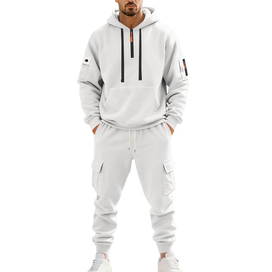 Herren nan zweiteiliges Utility-Freizeitset Hoodie mit halbhohem Reißverschluss, Ärmeltasche und Cargo-Jogginghose mit Klappentaschen Shop Nory