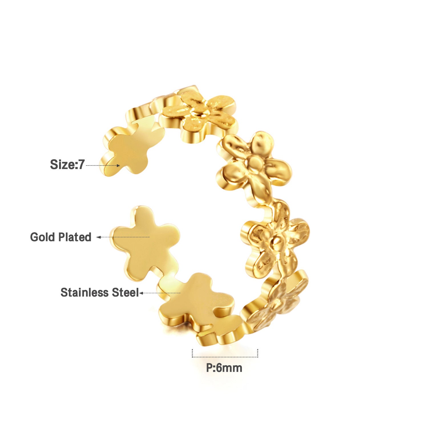 Damen verspielter Ring aus antibakteriellem Edelstahl mit Blumenmotiven Shop Nory