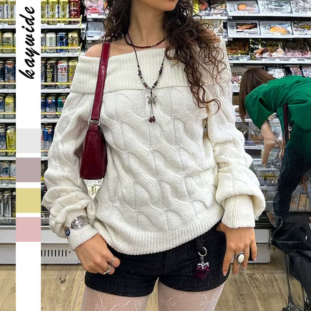 Damen nan schulterfreier Grobstrickpullover mit Zopfmuster, weitem Armaufschlag und elastischem Rippenbund Shop Nory