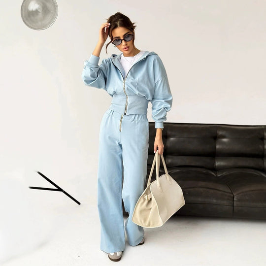 Damen tailliertes Zip-Hoodie und ausgestelltes High-Waist-Hose Lounge-Set Shop Nory