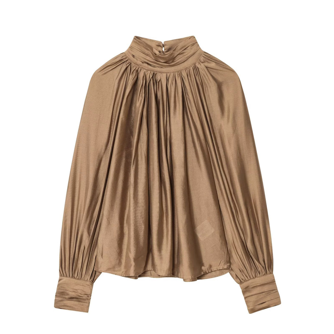 Damen Plissierte Satinbluse mit Stehkragen und Ballonärmeln Shop Nory