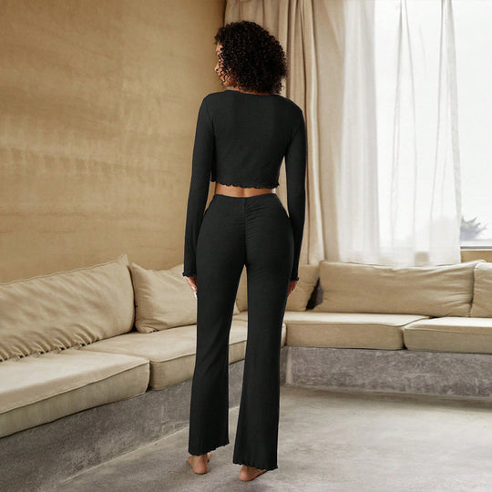 Damen geripptes Lounge-Set mit Cropped-Longsleeve und Highwaist-Leggings Shop Nory