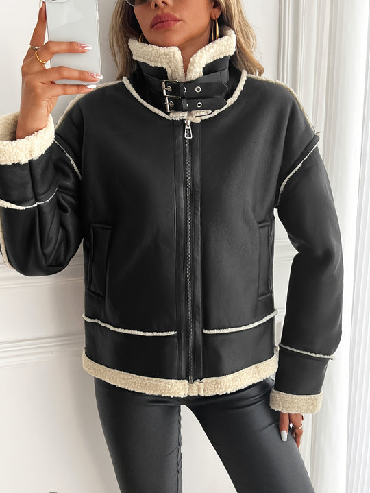Damen Modische Kunstlederjacke mit Teddyfutter
