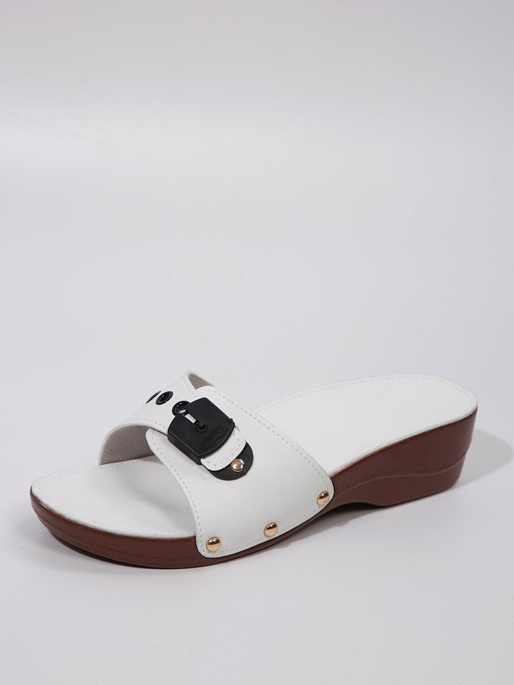 Damen nan Schlupf-Pantolette mit gepolstertem Komfortfußbett, dekorativer Schnalle und leichter Keilsohle