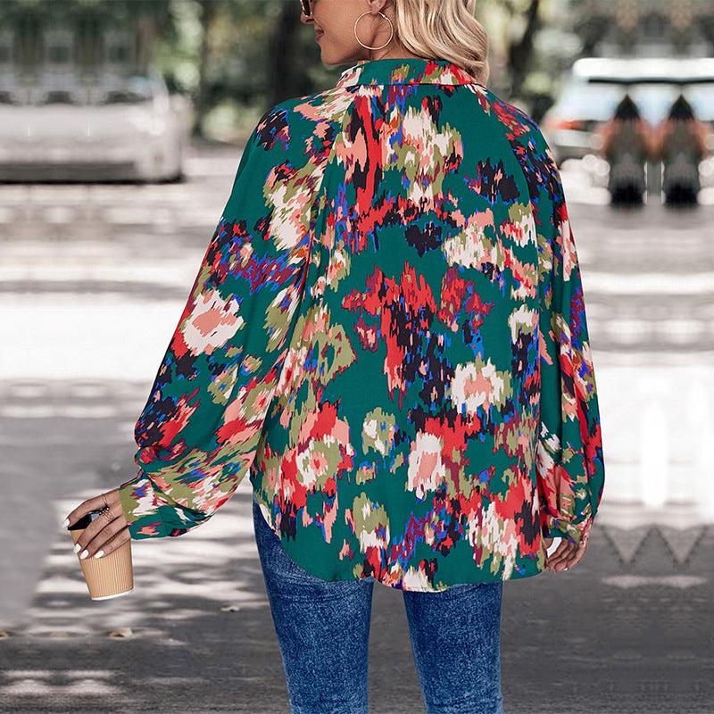Damen Chiffonbluse mit weitem Ballonärmel, V-Ausschnitt und abstraktem Allover-Print Shop Nory