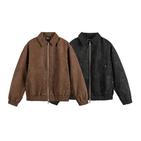 Herren Lederähnlicher Blouson mit Hemdkragen, Zweiwege-Reißverschluss und elastischem Saum Shop Nory