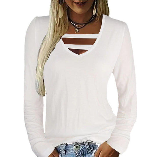 Damen Figurumspielendes V‑Ausschnitt‑Longsleeve mit dekorativen Dekolleté‑Bändern Shop Nory