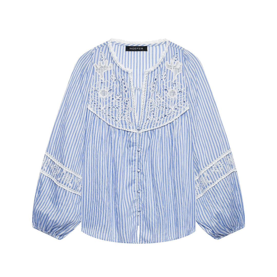 Damen Gestreifte Bluse mit Häkelspitze, Ballonärmeln und Knopfleiste Shop Nory
