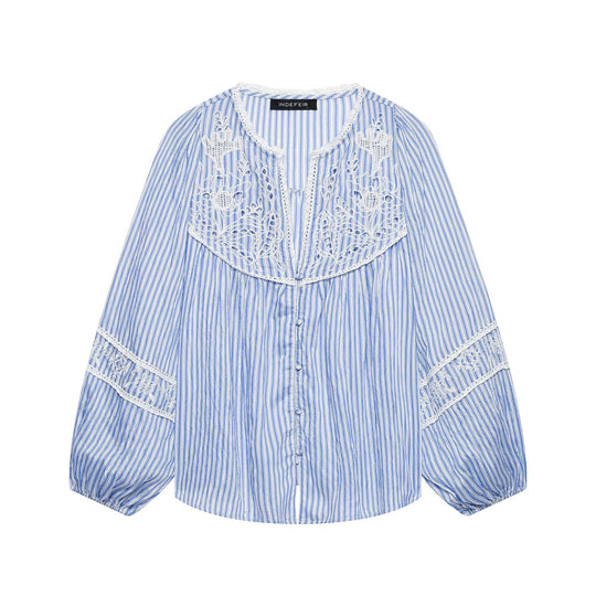 Damen Gestreifte Bluse mit Häkelspitze, Ballonärmeln und Knopfleiste Shop Nory