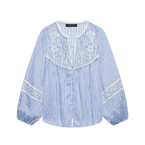 Damen Gestreifte Bluse mit Häkelspitze, Ballonärmeln und Knopfleiste Shop Nory