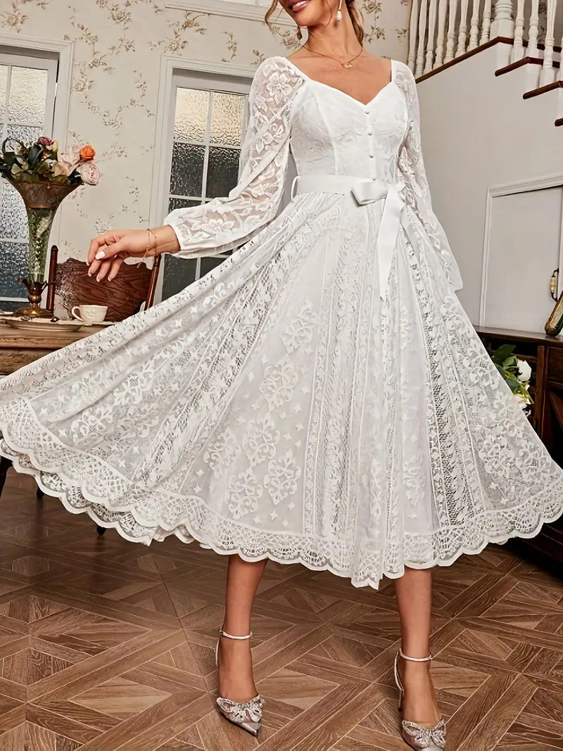 Damen Elegantes Spitze Midi-Kleid mit puffärmel und Taillenbindung