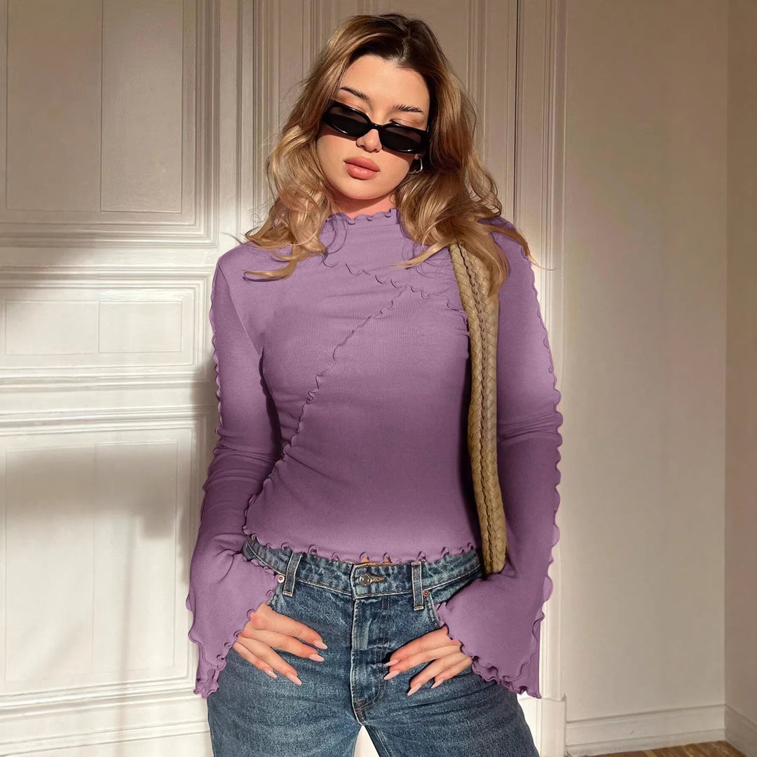 Damen Geripptes Langarmshirt mit Rüschen-Saum und Stehkragen Shop Nory