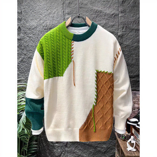 Unisex Patchwork-Oversize-Strickpullover mit Zopf- und Rautenmuster, dekorativen Kontrastnähten und Rundhalsausschnitt Shop Nory