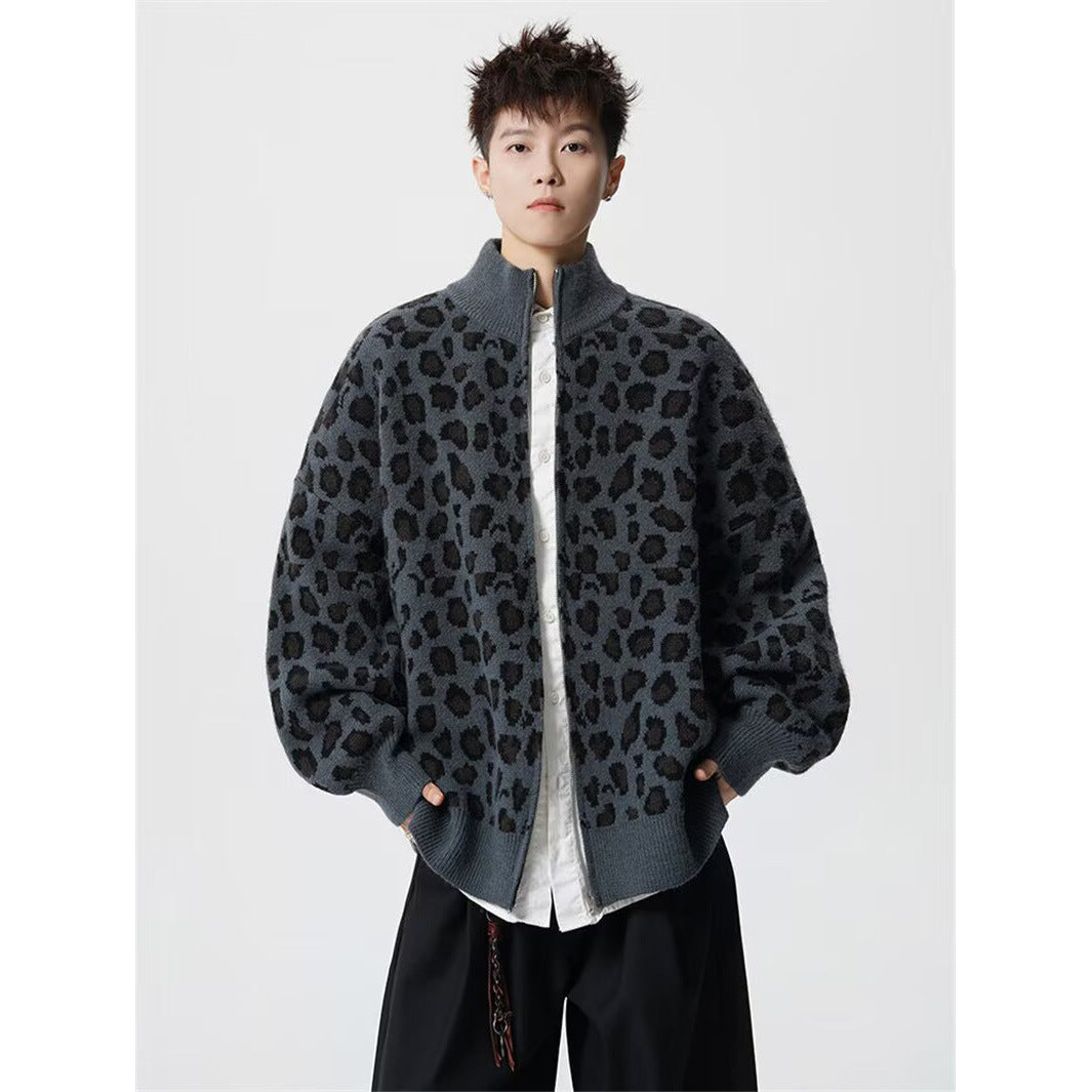 Herren Modische Strickjacke mit Leopardenmuster und hohem Kragen Shop Nory