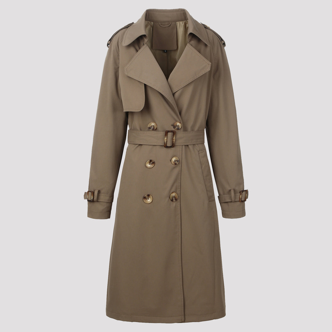 Damen Klassischer taillierter Doppelreihiger Trenchcoat mit Bindegürtel und Schulterklappen Shop Nory