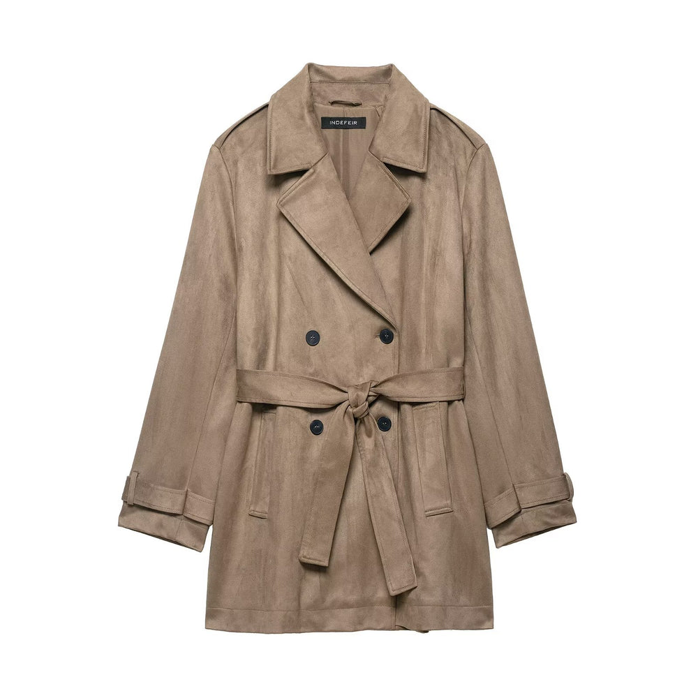Damen Doppelreihiger Wildlederoptik-Trenchcoat mit Taillengürtel Shop Nory