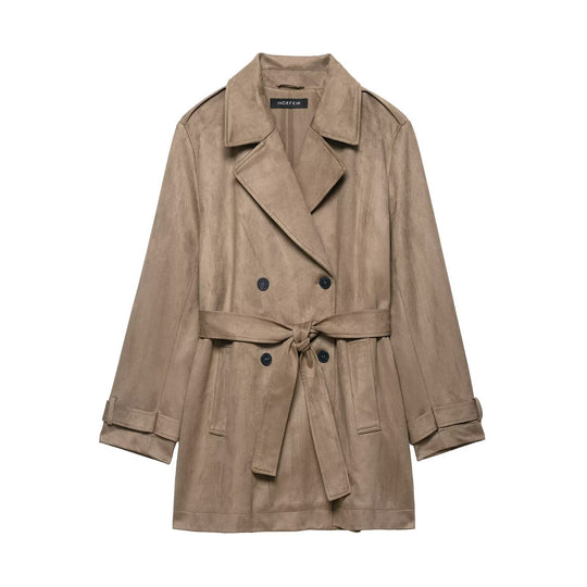 Damen Doppelreihiger Wildlederoptik-Trenchcoat mit Taillengürtel Shop Nory