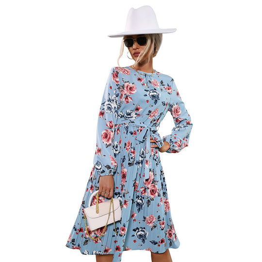 Damen Plissiertes Midikleid mit langen Ärmeln, Taillengürtel und floralem Print Shop Nory