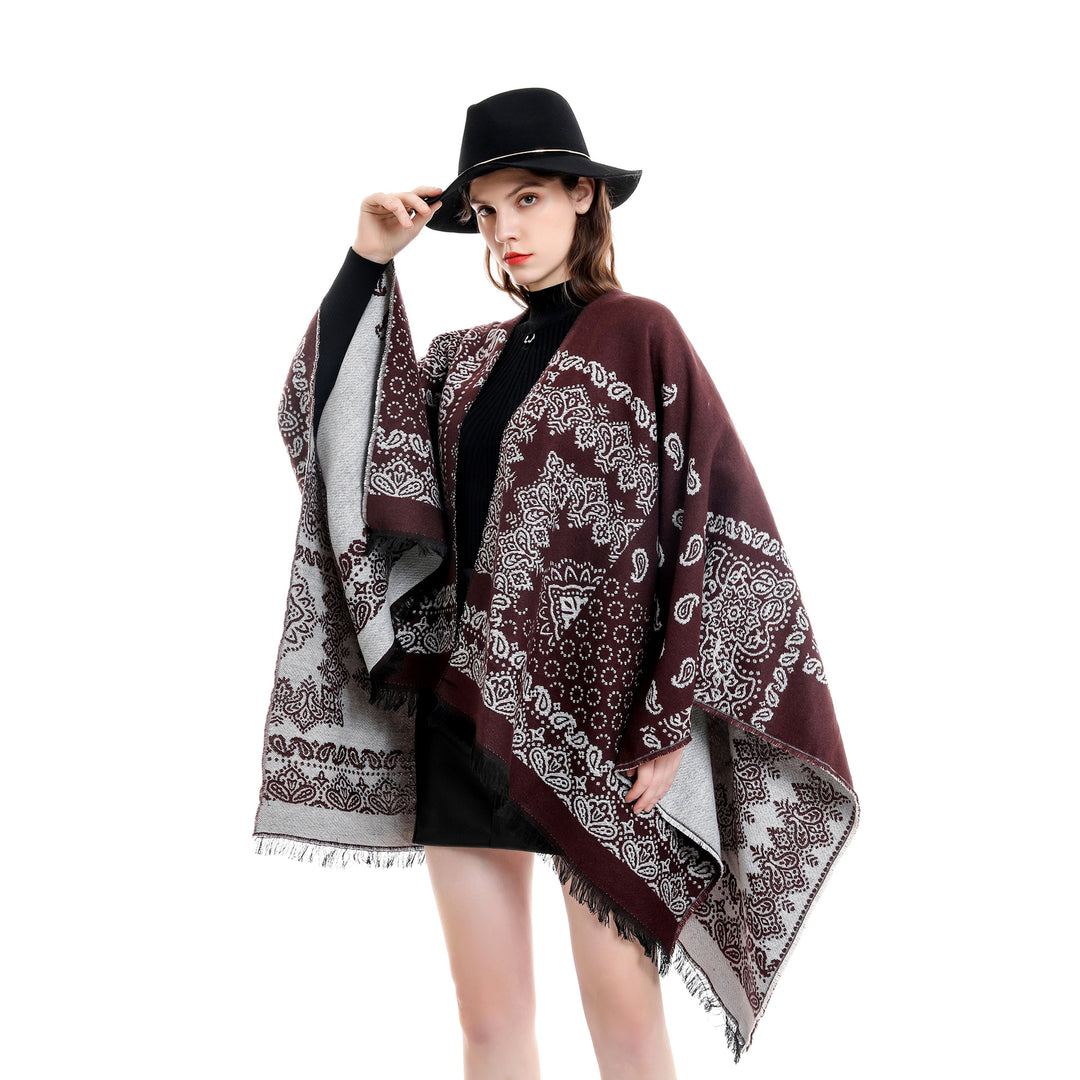Damen Jacquard-Umhangponcho mit Paisley-Muster und Fransen Shop Nory