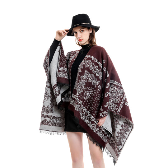 Damen Jacquard-Umhangponcho mit Paisley-Muster und Fransen Shop Nory
