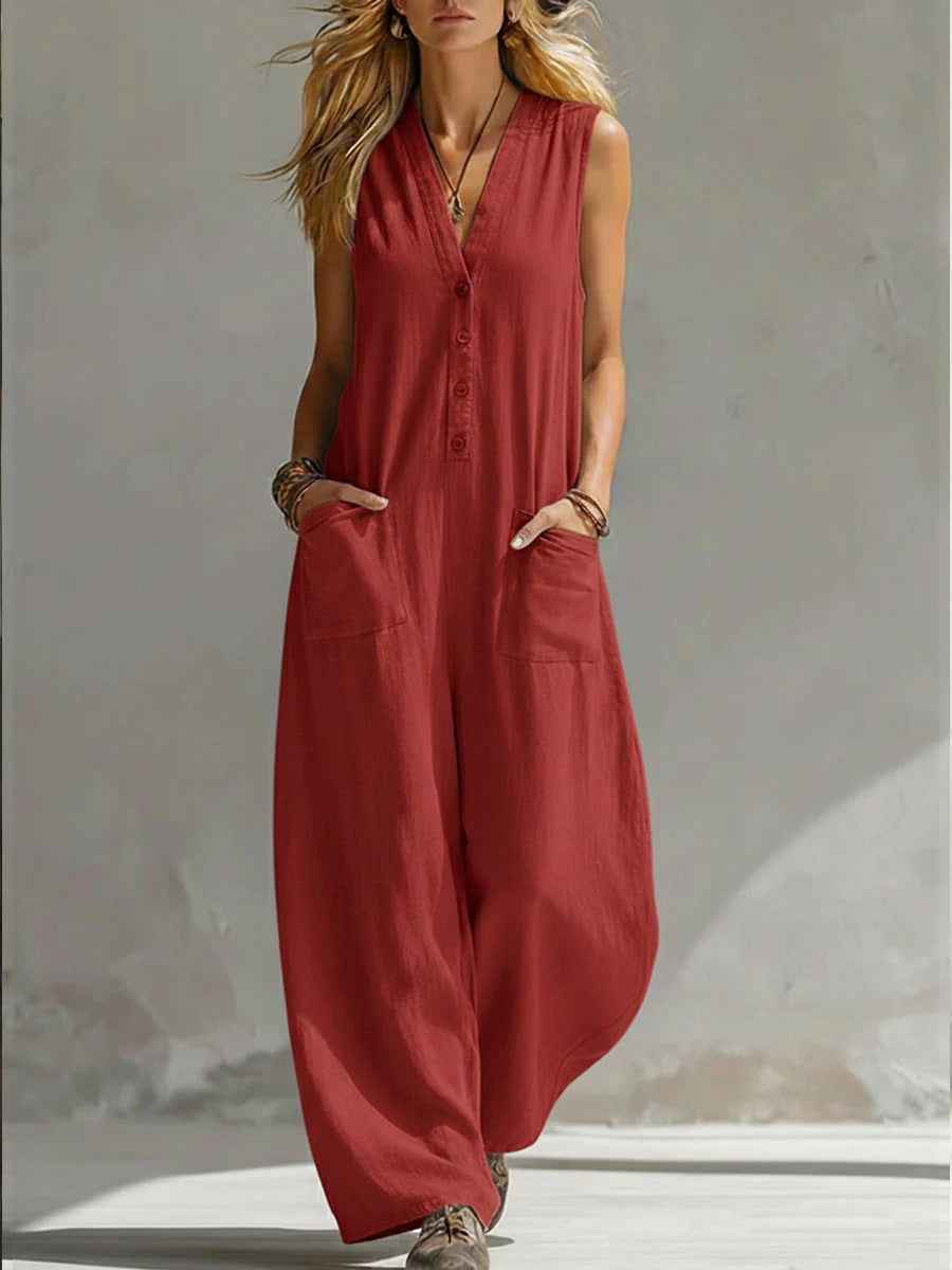Damen Jumpsuit mit tiefem V-Ausschnitt und praktischen Taschen