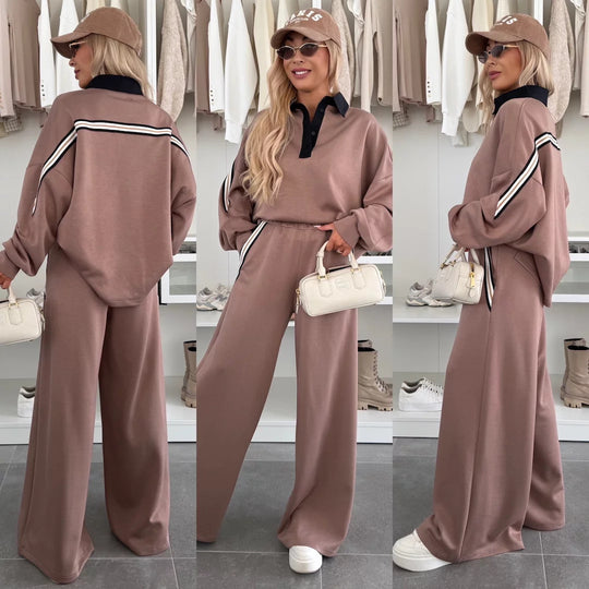 Damen modisches Relax-Set mit Polokragen, markanten Paspelstreifen und weitem Palazzo-Jogger Shop Nory