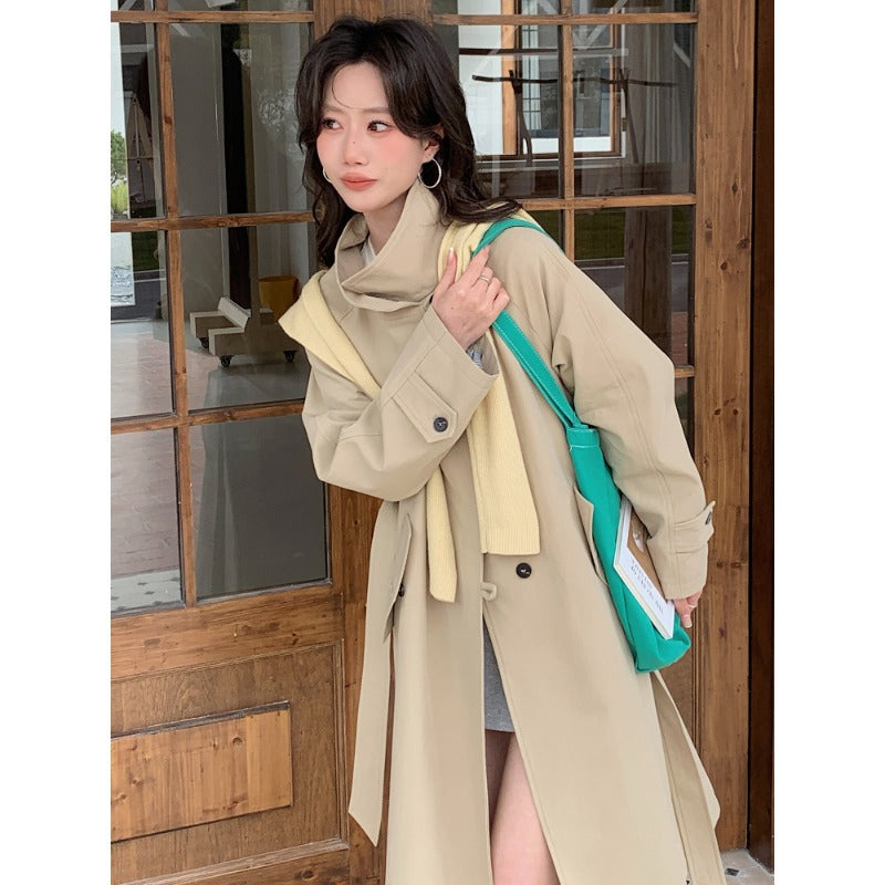 Damen Langer Trenchcoat mit hohem Stehkragen und Raglanärmeln Shop Nory