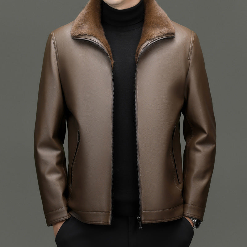 Herren gefütterte Lederimitatjacke mit Kunstfellkragen und Reißverschluss Shop Nory