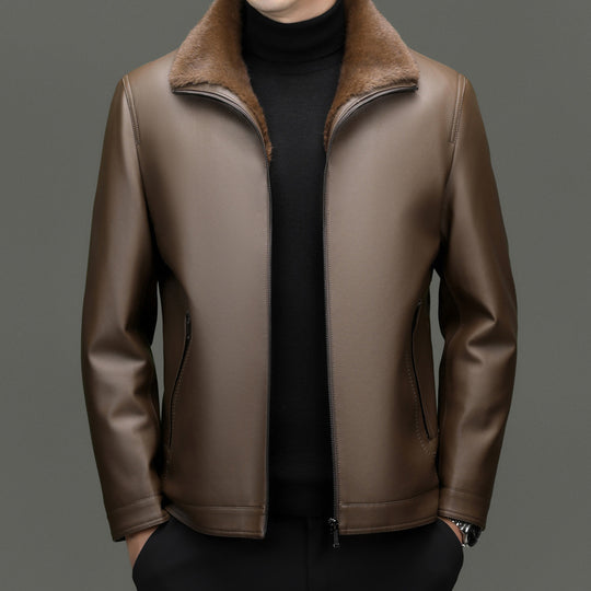 Herren gefütterte Lederimitatjacke mit Kunstfellkragen und Reißverschluss Shop Nory